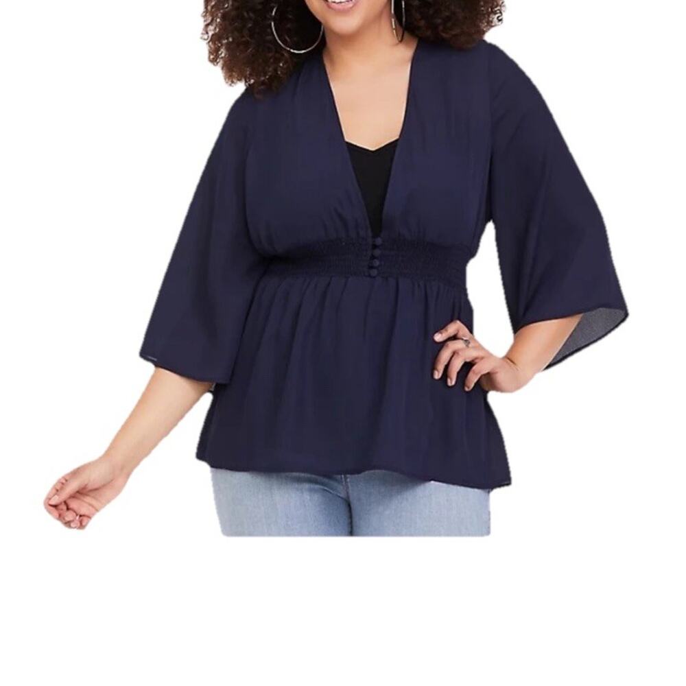 Torrid Button Front Smocked Top‎ Tunic sz 4X Navy Blue Semi Sheer New with Tags